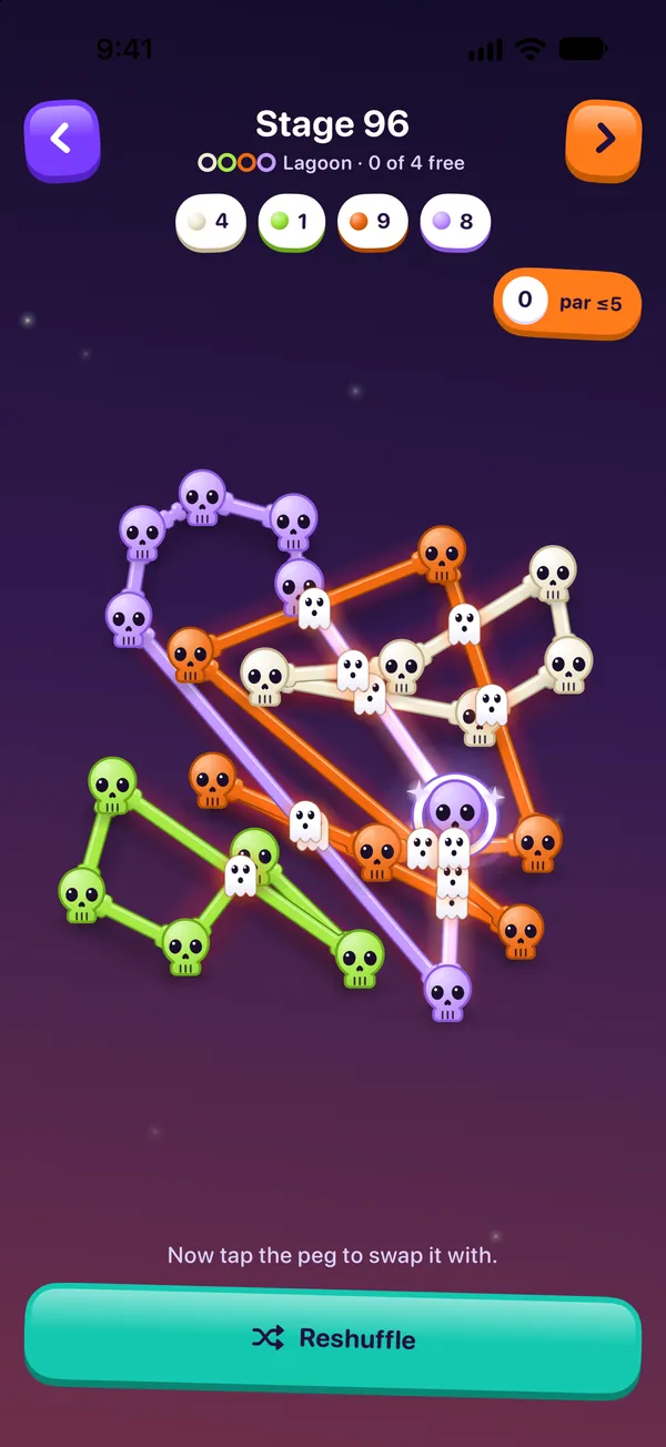 Stage 96 in the Bone Yard theme: candy-coloured skulls linked by bones under a purple night, with little ghosts where the bands cross.