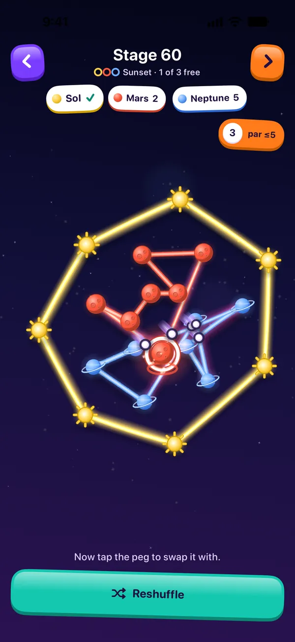 Stage 60 in the Orbit theme: suns, planets and moons linked by glowing orbit trails on a dark sky.
