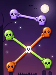 Bone Yard: candy-coloured skulls linked by bones under a purple night, with a little ghost at the crossing.