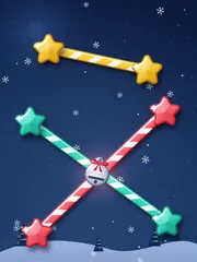 Candy Cane Lane: glossy stars strung with candy canes in the snow, with a jingle bell at the crossing.