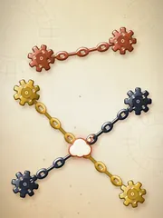 Clockwork: brass cogs linked by fine chains, with a puff of steam at the crossing.