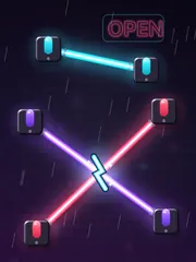 Neon Alley: toggle switches joined by glowing neon tubes on a rainy night.