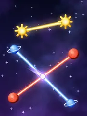 Orbit: suns, planets and moons linked by glowing orbit trails in deep space.