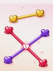 Sweethearts: puffy hearts joined by satin ribbons, with a cracked heart at the crossing.